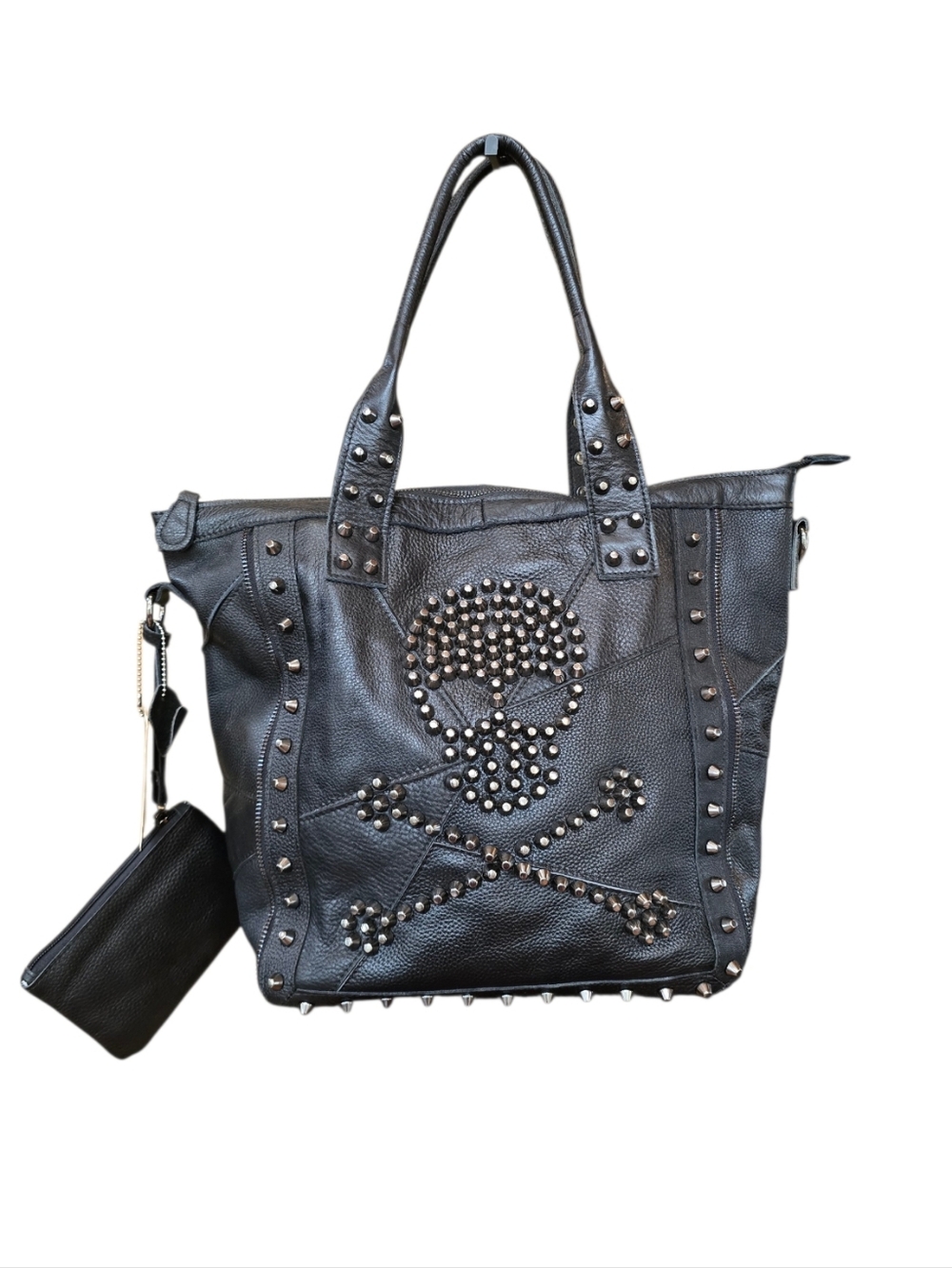 AmeriLeather Black Skull Crossbones Studded Leather Shoulder Bag Tote